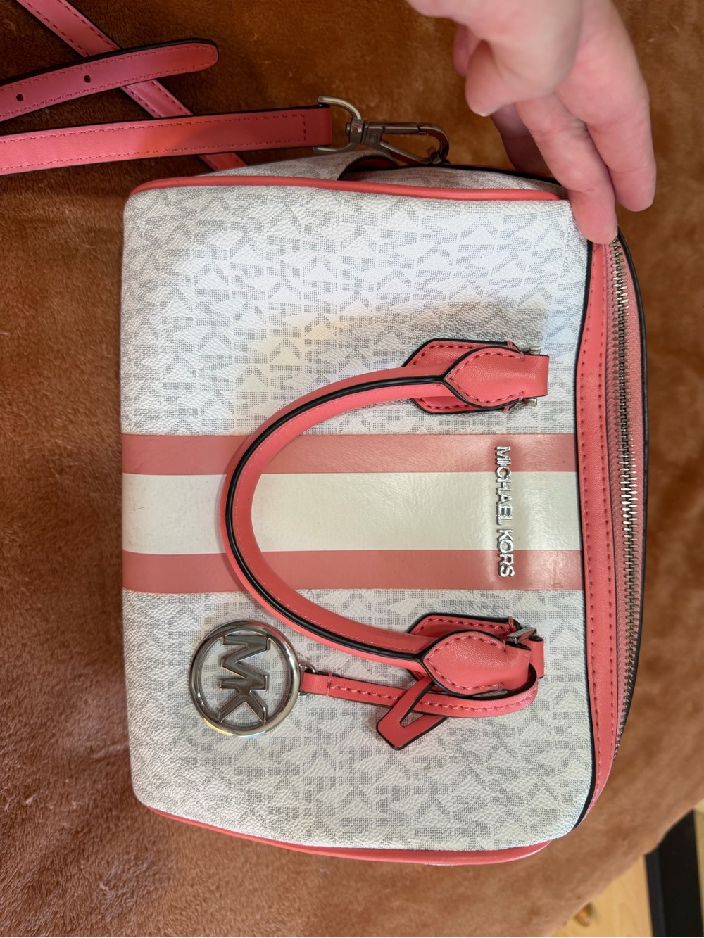 Michael Kors Coral Pink and White Signature Crossbody Satchel with wallet